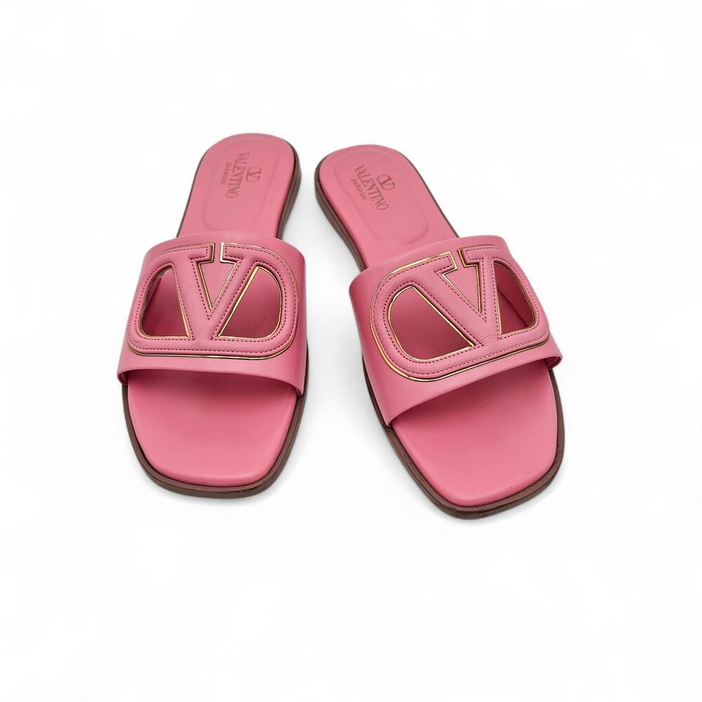 Valentino Garavani VLogo Flat Slide Sandal Pink Leather Logo Cut Out Size 39 9